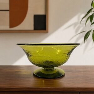 Blenko 931 Chartreuse Green Crackle Glass Footed Bowl Mid Century‎ Modern MCM